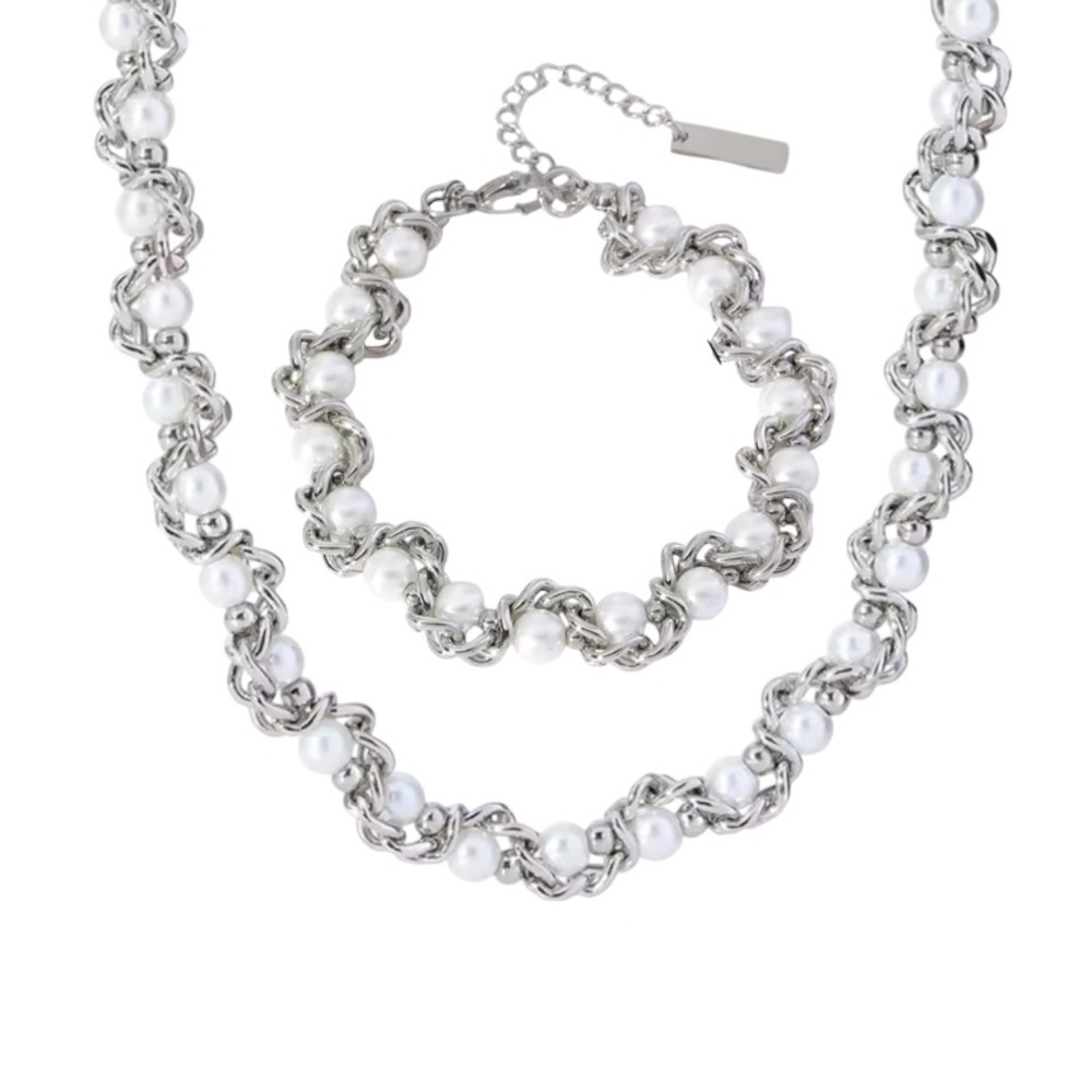 Elegant Silver and White Pearl Jewelry Set Stainless Steel